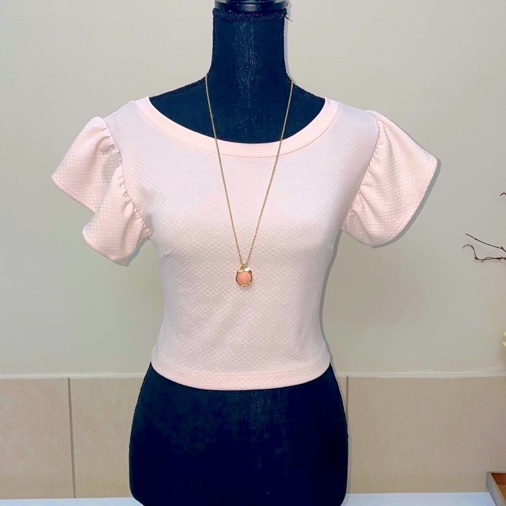 Soft Pink Ruffle Sleeve Bebe Crop Top (with subtle) Texture Design